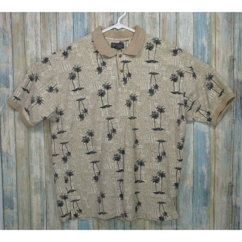 Van Heusen Palm Trees Polo Shirt Size XL Beige Tan Short Sleeve Collar Shirt